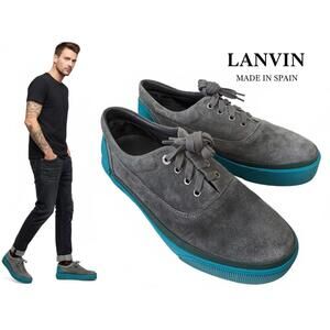 Lanvin Spain Men Leather Curb Sneakers Chunky Gray Cyan 9